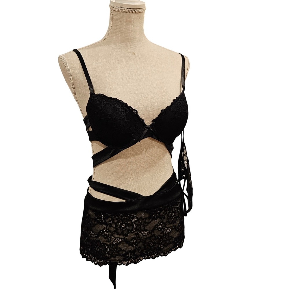Body Rage Black Lace Strappy Underwire Halter Bra Thong Skirt Lingerie Set